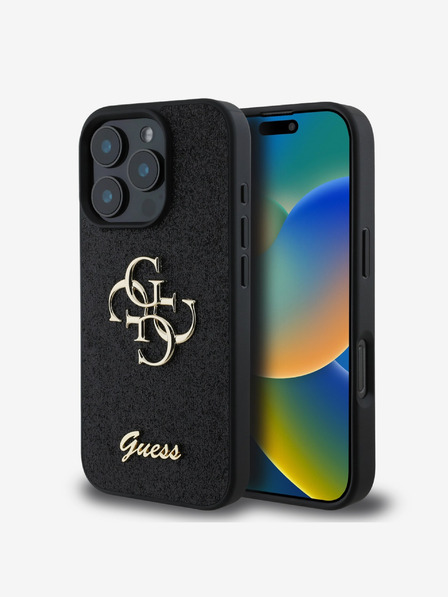 Guess Guess PU Fixed Glitter 4G fém logós hátlap iPhone 16 Pro fekete iPhone 16 készülékhez