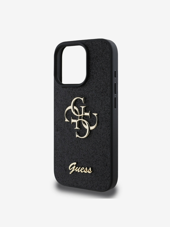Guess Guess PU Fixed Glitter 4G fém logós hátlap iPhone 16 Pro fekete iPhone 16 készülékhez