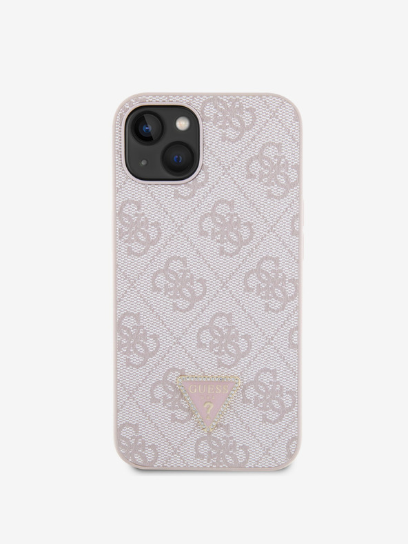 Guess Guess PU 4G Strass háromszög fém logós hátlap iPhone 15-hez Rózsaszínű