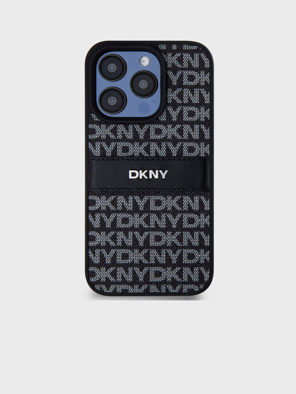 DKNY PU bőr ismétlődő mintás, tónusos csíkos hátlap iPhone 15 Pro fekete DKNY