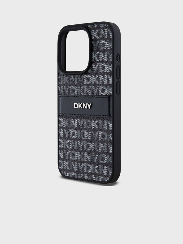 DKNY PU bőr ismétlődő mintás, tónusos csíkos hátlap iPhone 15 Pro fekete DKNY