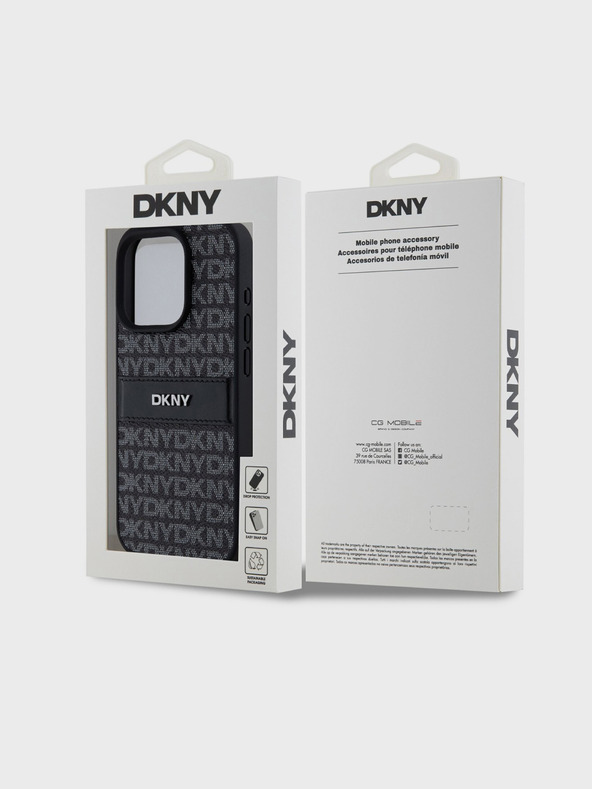 DKNY PU bőr ismétlődő mintás, tónusos csíkos hátlap iPhone 15 Pro fekete DKNY