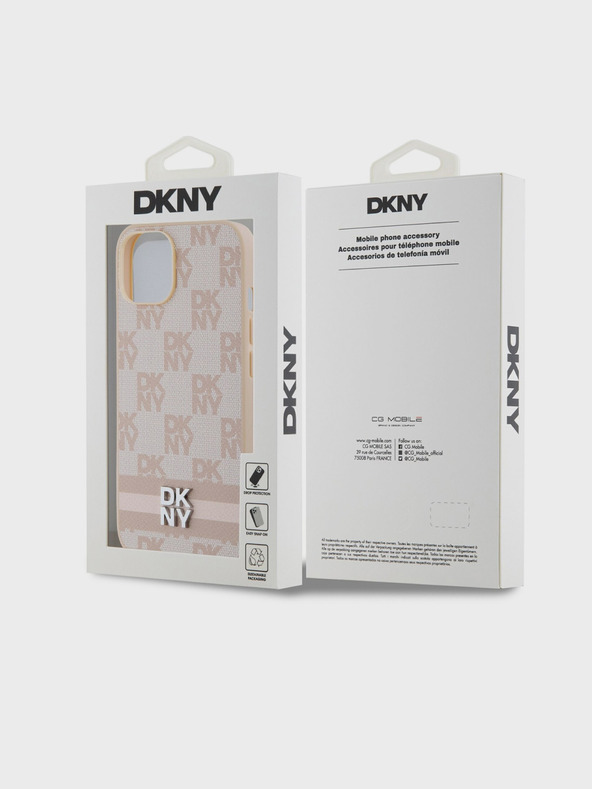 DKNY PU bőr kockás mintás és csíkos hátlapi borító iPhone 14 készülékhez Rózsaszín DKNY