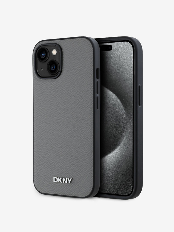 DKNY PU bőr ezüst fém logós Magsafe hátlap iPhone 13-hoz Szürke DKNY