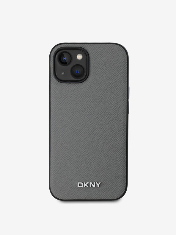 DKNY PU bőr ezüst fém logós Magsafe hátlap iPhone 13-hoz Szürke DKNY