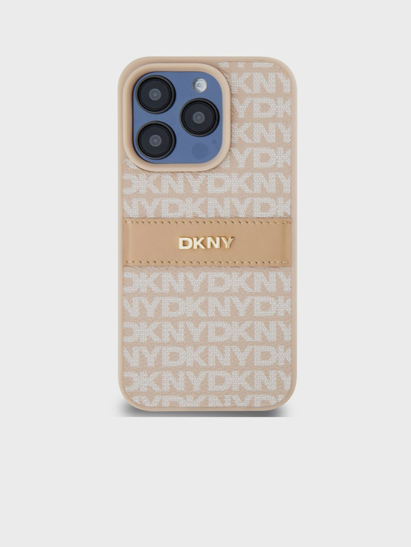 DKNY PU bőr ismétlődő mintás, tónusos csíkos hátlap iPhone 14 Pro Max rózsaszín DKNY