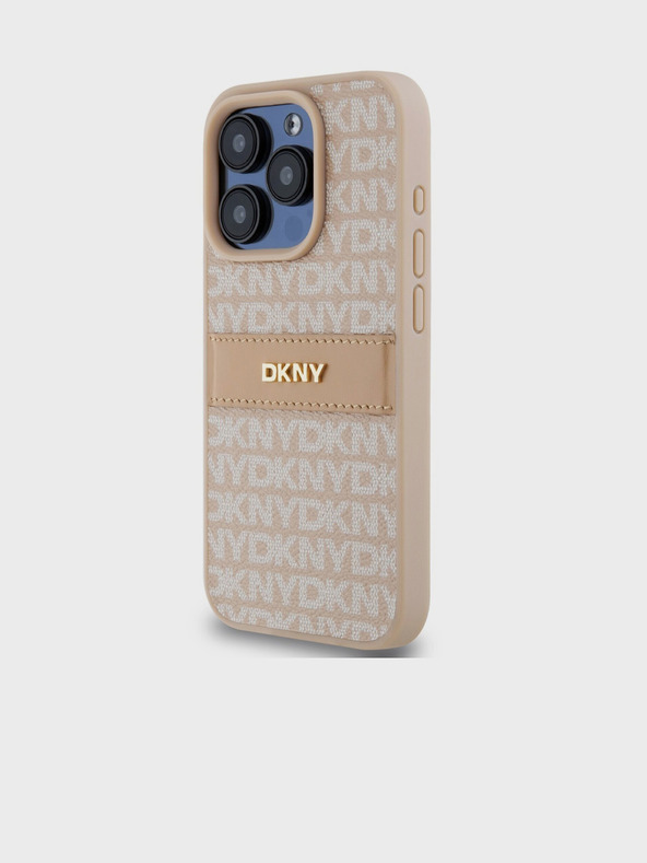 DKNY PU bőr ismétlődő mintás, tónusos csíkos hátlap iPhone 14 Pro Max rózsaszín DKNY