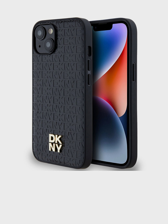 DKNY PU bőr ismétlődő mintás Stack Logo Magsafe hátlap iPhone 15 fekete DKNY
