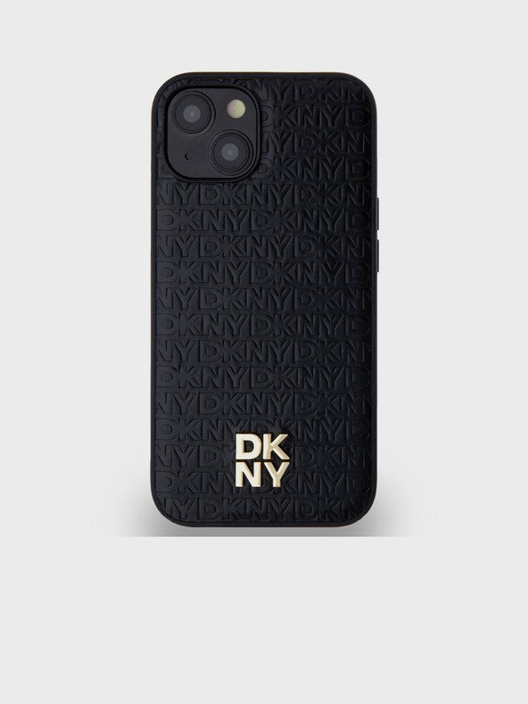 DKNY PU bőr ismétlődő mintás Stack Logo Magsafe hátlap iPhone 15 fekete DKNY