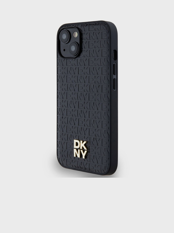 DKNY PU bőr ismétlődő mintás Stack Logo Magsafe hátlap iPhone 15 fekete DKNY