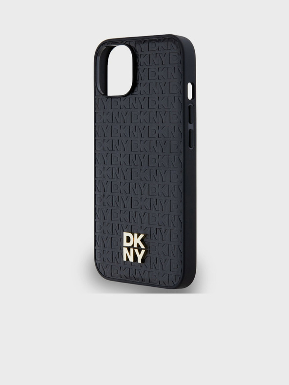 DKNY PU bőr ismétlődő mintás Stack Logo Magsafe hátlap iPhone 15 fekete DKNY