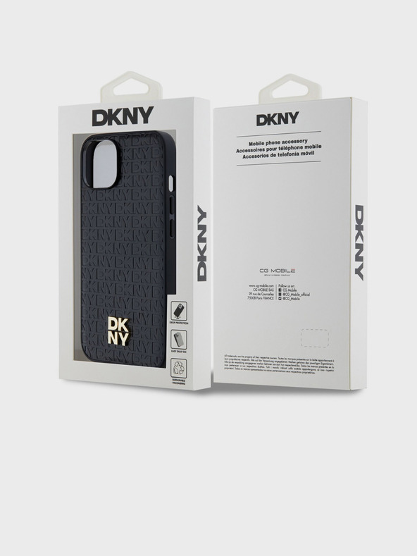 DKNY PU bőr ismétlődő mintás Stack Logo Magsafe hátlap iPhone 15 fekete DKNY