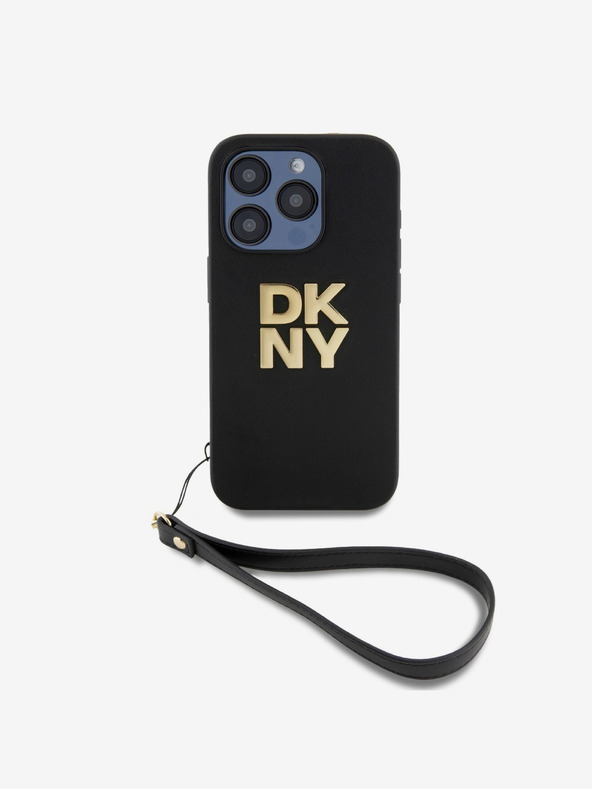 DKNY PU bőr Stack Logo csuklópántos hátlap iPhone 15 Pro fekete DKNY