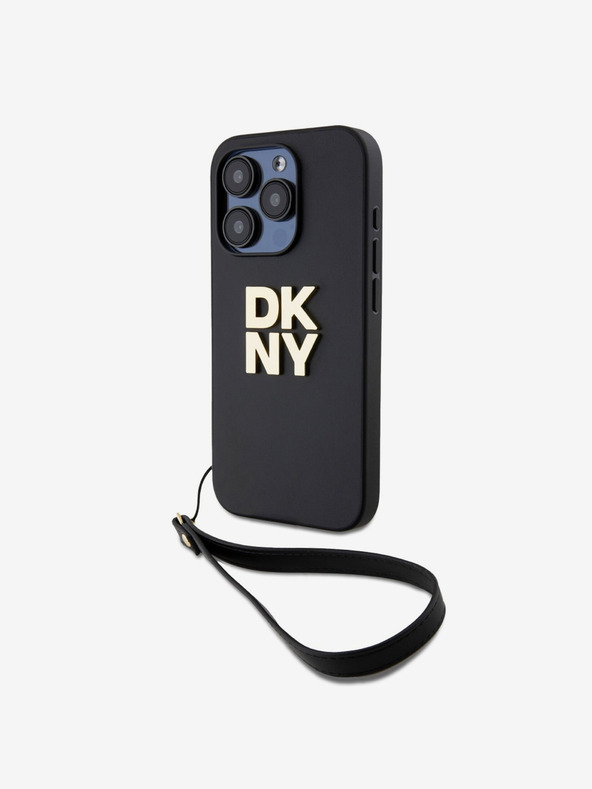 DKNY PU bőr Stack Logo csuklópántos hátlap iPhone 15 Pro fekete DKNY
