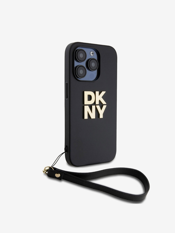 DKNY PU bőr Stack Logo csuklópántos hátlap iPhone 15 Pro fekete DKNY