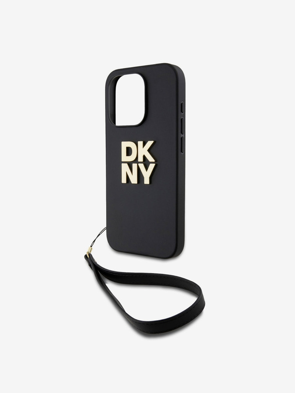 DKNY PU bőr Stack Logo csuklópántos hátlap iPhone 15 Pro fekete DKNY