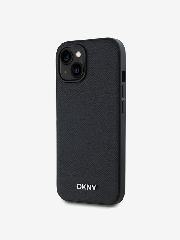 DKNY PU bőr ezüst fém logós Magsafe hátlap iPhone 15-hez Fekete DKNY