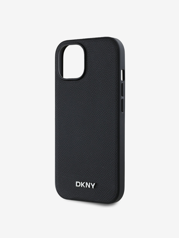 DKNY PU bőr ezüst fém logós Magsafe hátlap iPhone 15-hez Fekete DKNY