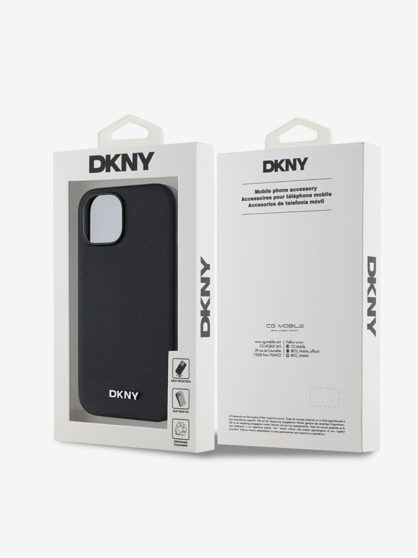 DKNY PU bőr ezüst fém logós Magsafe hátlap iPhone 15-hez Fekete DKNY
