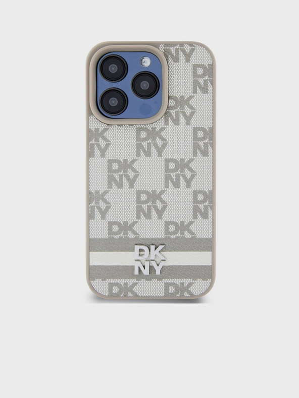 DKNY PU bőrből készült, kockás mintás és csíkos hátlapi borító iPhone 15 Pro Max bézs DKNY