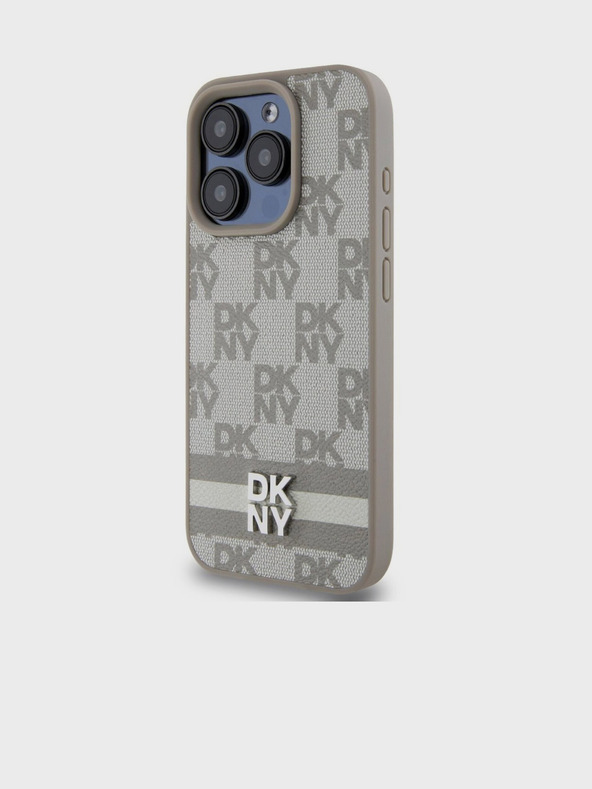 DKNY PU bőrből készült, kockás mintás és csíkos hátlapi borító iPhone 15 Pro Max bézs DKNY