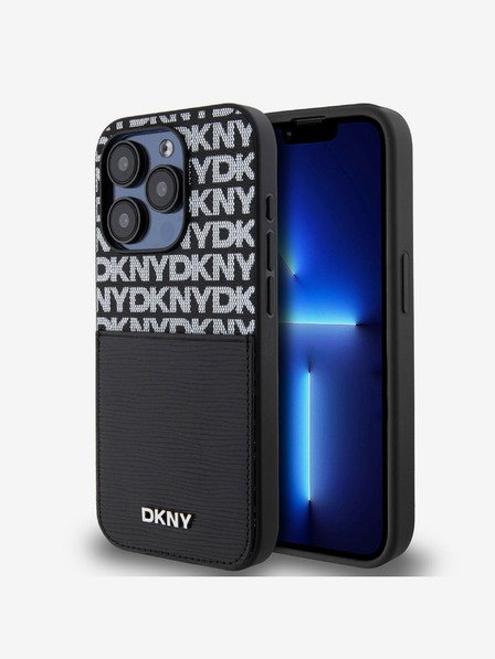 DKNY PU bőr Ismétlődő mintás kártya zseb hátsó borító iPhone 15 Pro Max fekete DKNY
