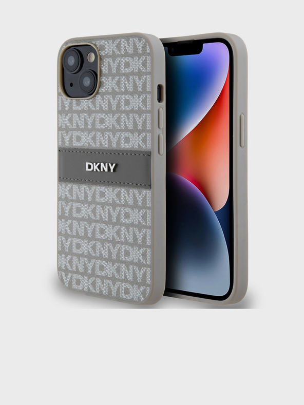 DKNY PU bőr ismétlődő mintás tonális csíkos hátlap iPhone 14 bézs DKNY