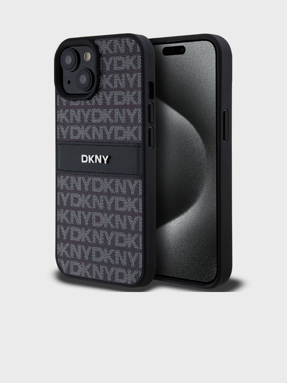 DKNY PU bőr Repeat Pattern Tonal Stripe hátlapi borító iPhone 15-hez Fekete DKNY