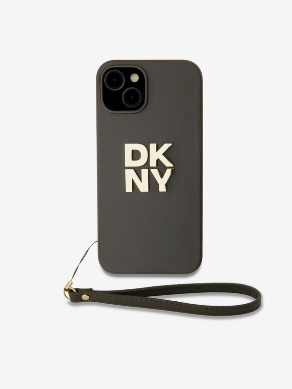 DKNY PU bőr Stack Logo csuklópánt hátlapi borító iPhone 14 készülékhez Barna DKNY