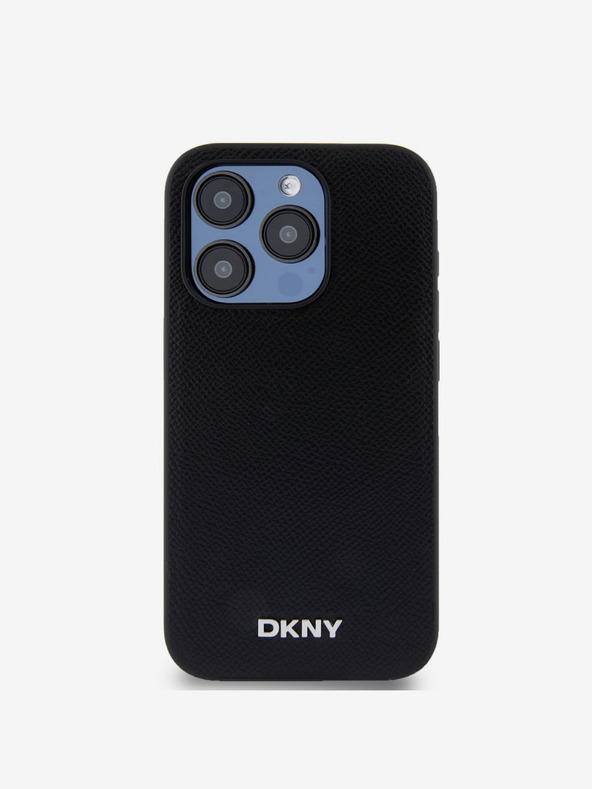 DKNY PU bőr ezüst fém logós Magsafe hátlap iPhone 15 Pro Max-hoz Fekete DKNY