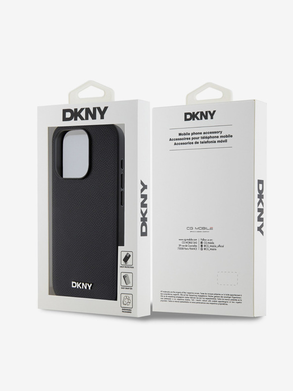 DKNY PU bőr ezüst fém logós Magsafe hátlap iPhone 15 Pro Max-hoz Fekete DKNY