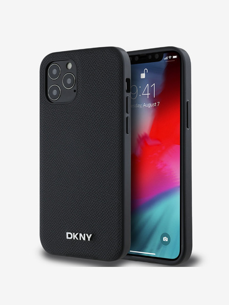 DKNY PU bőr ezüst fém logós Magsafe hátlap iPhone 12/12 Pro fekete DKNY DKNY