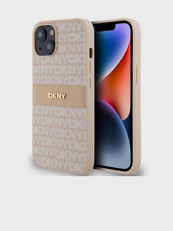DKNY PU bőr ismétlődő mintás, tónusos csíkos hátlap iPhone 14 rózsaszín DKNY
