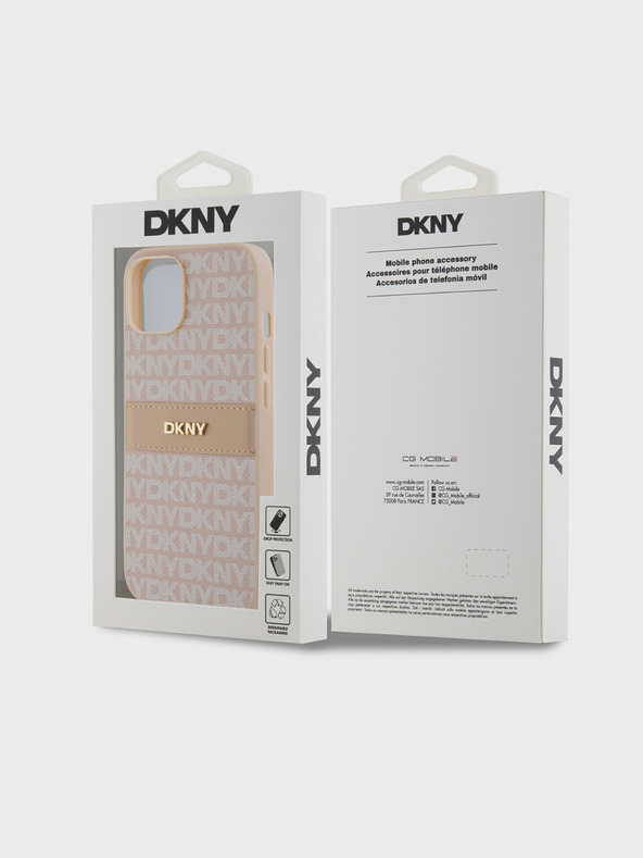 DKNY PU bőr ismétlődő mintás, tónusos csíkos hátlap iPhone 14 rózsaszín DKNY