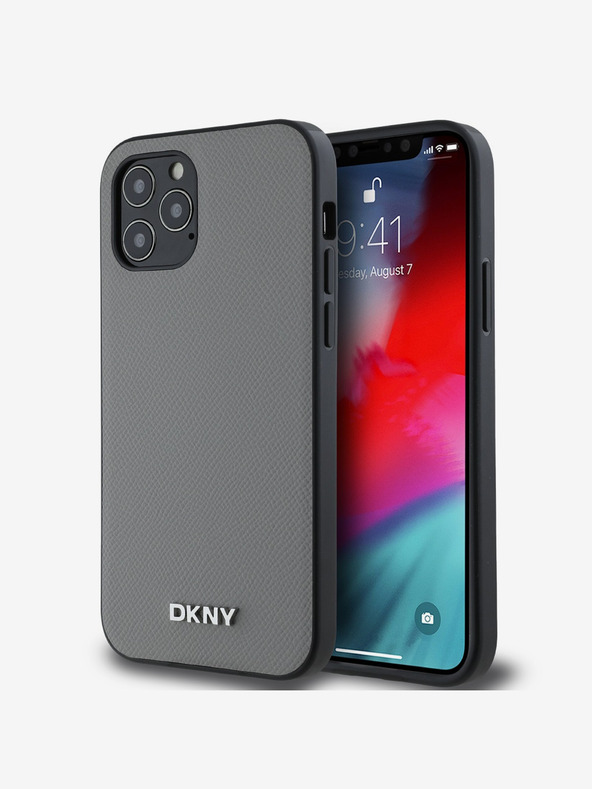 DKNY PU bőr ezüst fém logós Magsafe hátlap iPhone 12/12 Pro szürke szürke DKNY