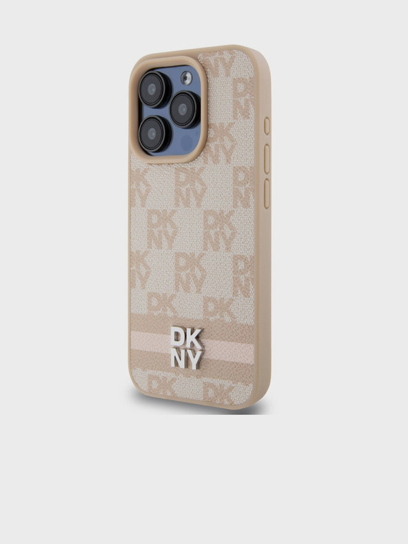 DKNY PU bőrből készült, kockás mintás és csíkos hátlapi borító iPhone 13 Pro Max rózsaszín DKNY