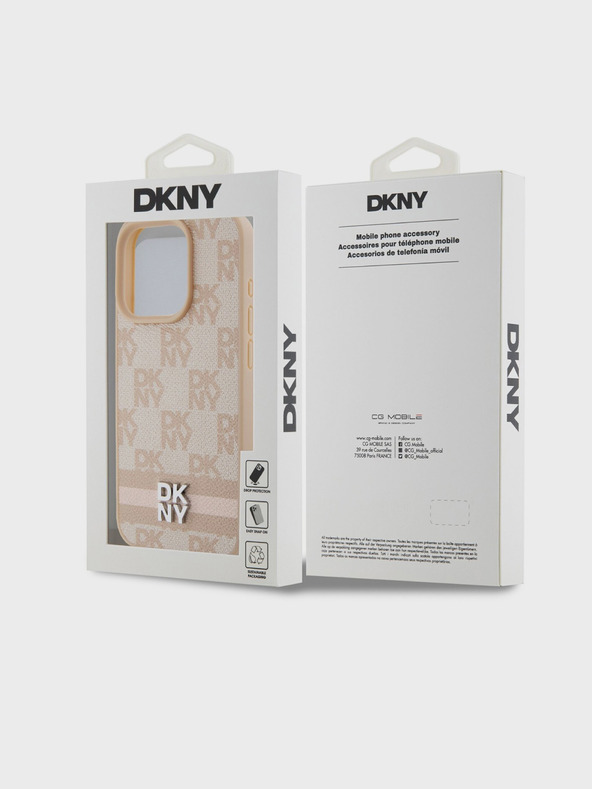 DKNY PU bőrből készült, kockás mintás és csíkos hátlapi borító iPhone 13 Pro Max rózsaszín DKNY