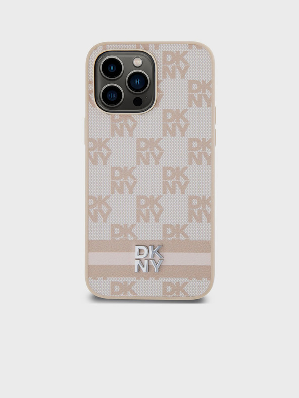 DKNY PU bőrből készült kockás mintás és csíkos hátlapi borító iPhone 15 Pro Max rózsaszín DKNY