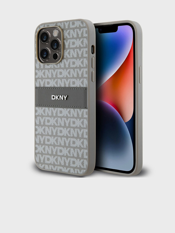 DKNY PU bőr ismétlődő mintás, tónusos csíkos hátlap iPhone 14 Pro bézs DKNY DKNY