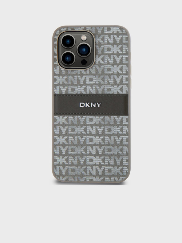 DKNY PU bőr ismétlődő mintás, tónusos csíkos hátlap iPhone 14 Pro bézs DKNY DKNY