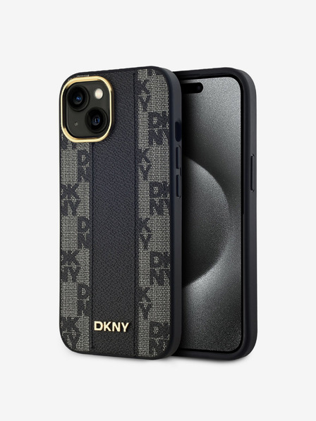 DKNY PU bőrből készült, kockás mintás Magsafe hátlap iPhone 15 készülékhez Fekete DKNY