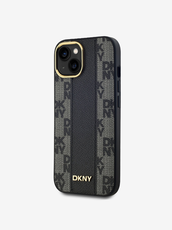 DKNY PU bőrből készült, kockás mintás Magsafe hátlap iPhone 15 készülékhez Fekete DKNY