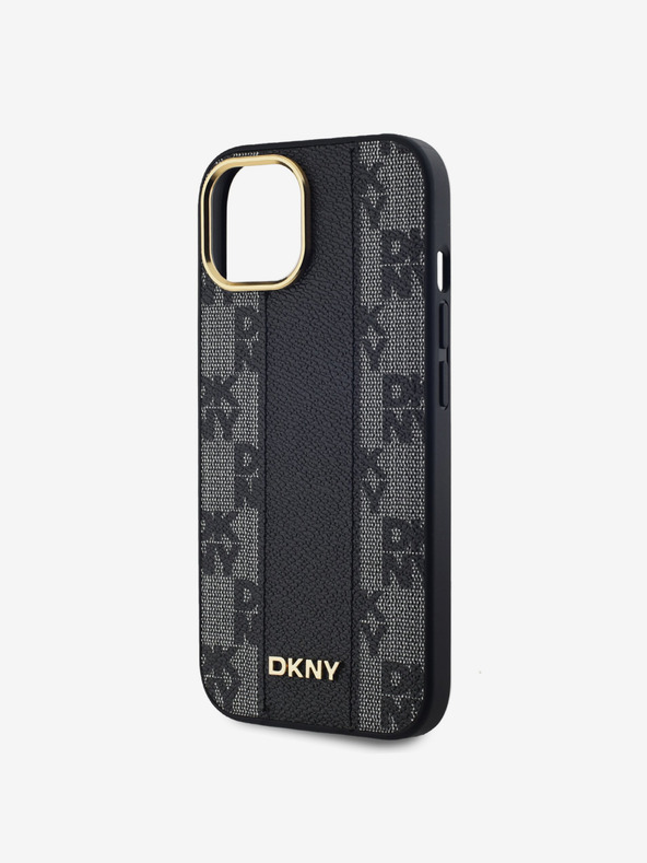 DKNY PU bőrből készült, kockás mintás Magsafe hátlap iPhone 15 készülékhez Fekete DKNY
