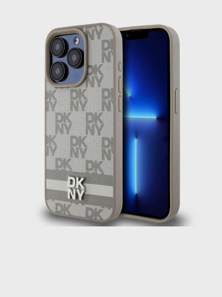DKNY PU bőrből készült kockás mintás és csíkos hátlapi borító iPhone 14 Pro Max bézs DKNY bézs színű iPhone 14 Pro Max készülékhez