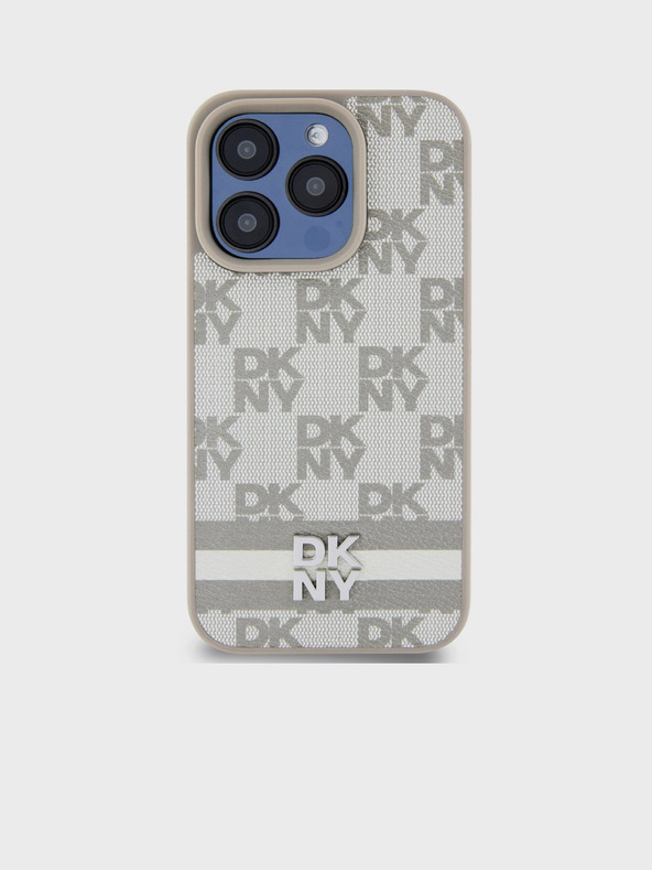 DKNY PU bőrből készült kockás mintás és csíkos hátlapi borító iPhone 14 Pro Max bézs DKNY bézs színű iPhone 14 Pro Max készülékhez