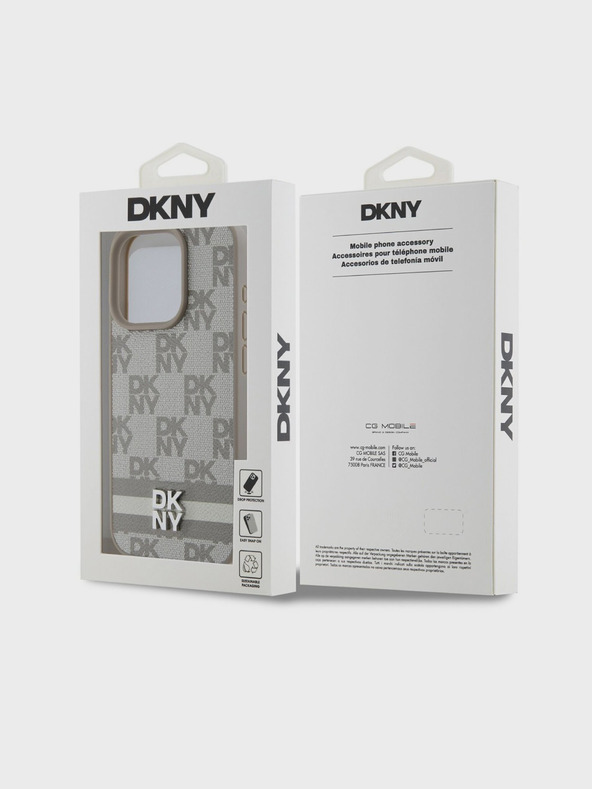 DKNY PU bőrből készült kockás mintás és csíkos hátlapi borító iPhone 14 Pro Max bézs DKNY bézs színű iPhone 14 Pro Max készülékhez