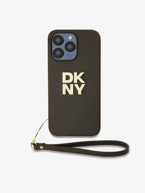 DKNY PU bőr Stack Logo csuklópántos hátlap iPhone 15 Pro barna DKNY