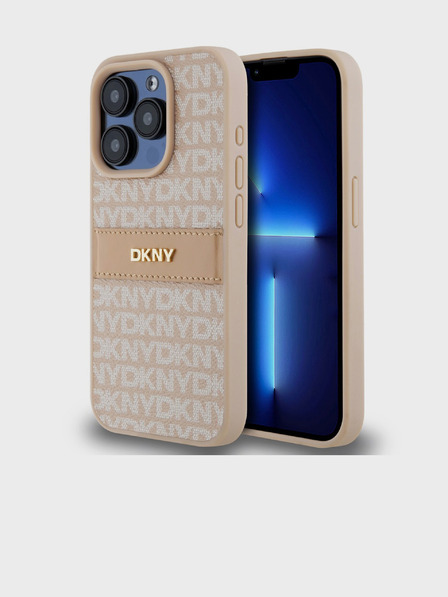DKNY PU bőr ismétlődő mintás, tónusos csíkos hátlap iPhone 14 Pro rózsaszín DKNY