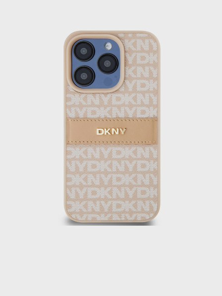 DKNY PU bőr ismétlődő mintás, tónusos csíkos hátlap iPhone 14 Pro rózsaszín DKNY