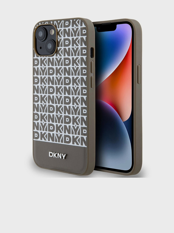 DKNY PU bőr Ismétlődő mintás alsó csíkos MagSafe hátlap iPhone 15-hez Barna DKNY